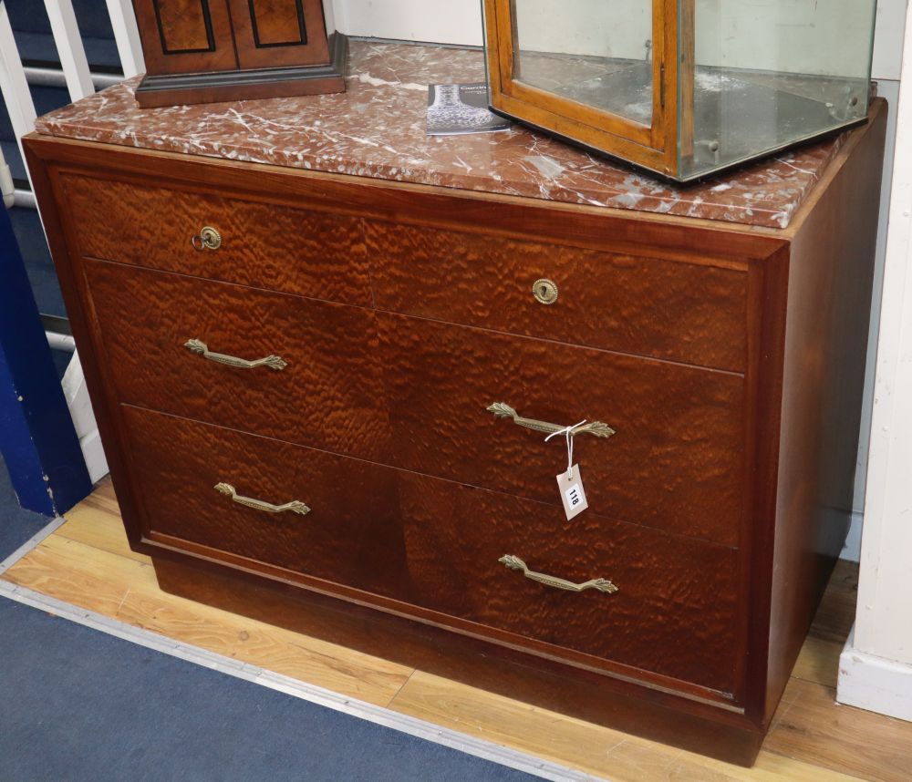 An early 20th century continental thuya marble top commode, W.110cm, D.50cm, H.86cm